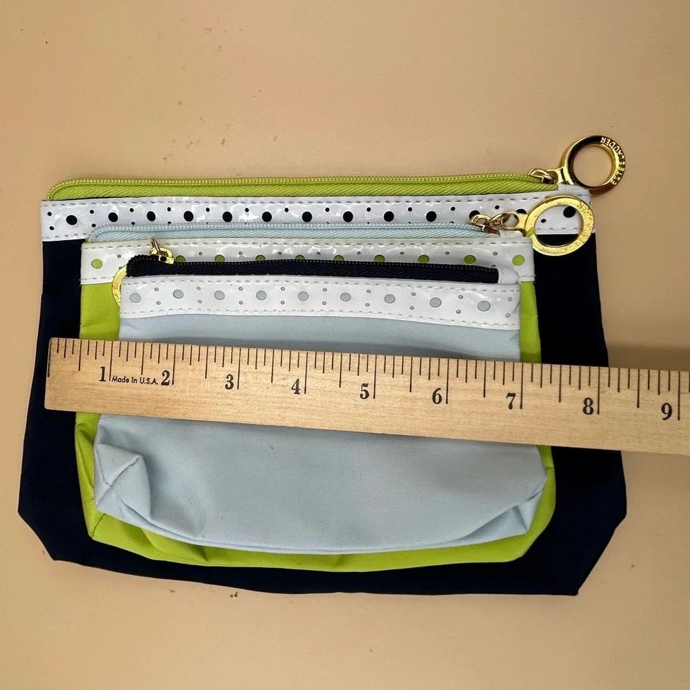 Estee Lauder Cosmetic Bag Lot 5pc Navy Lime Blue Patent Fabric Makeup Pouches